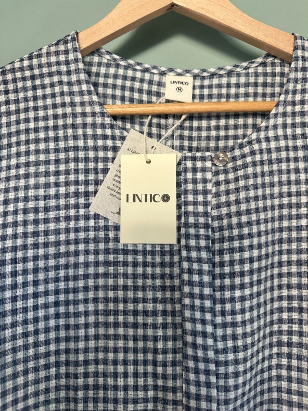 Lintico Long Sleeve Linen Blend Blue Gingham Top Women’s M NWT - Picture 6 of 7